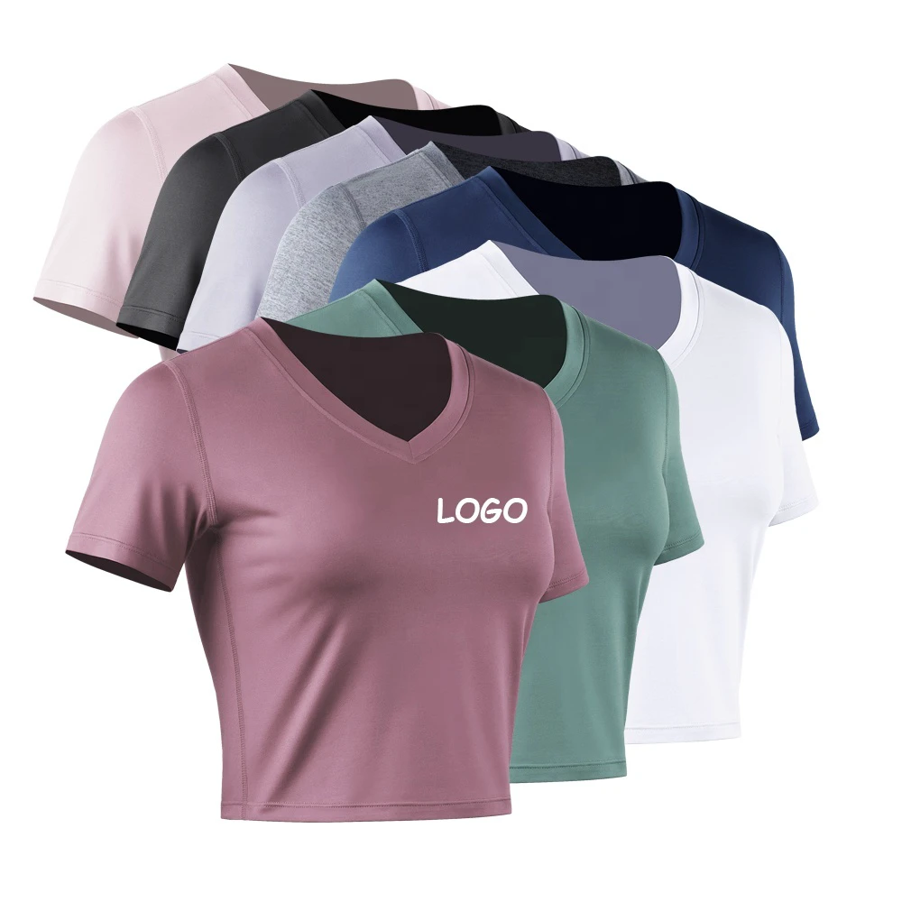 Custom Logo Fitness Yoga Wear 8 Colors Women's T-shirts Spandex V-neck Sports Workout Crop Top Women Gym Quick Drying T Shirt
