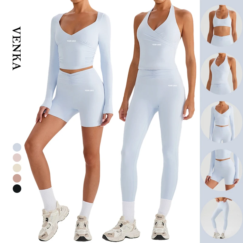 Ladies Solid Color Suit With Breast Pads Sports Bra Tank Top V Need Long Sleeve Top and High Waist Shorts Leggings Girl Yoga Set