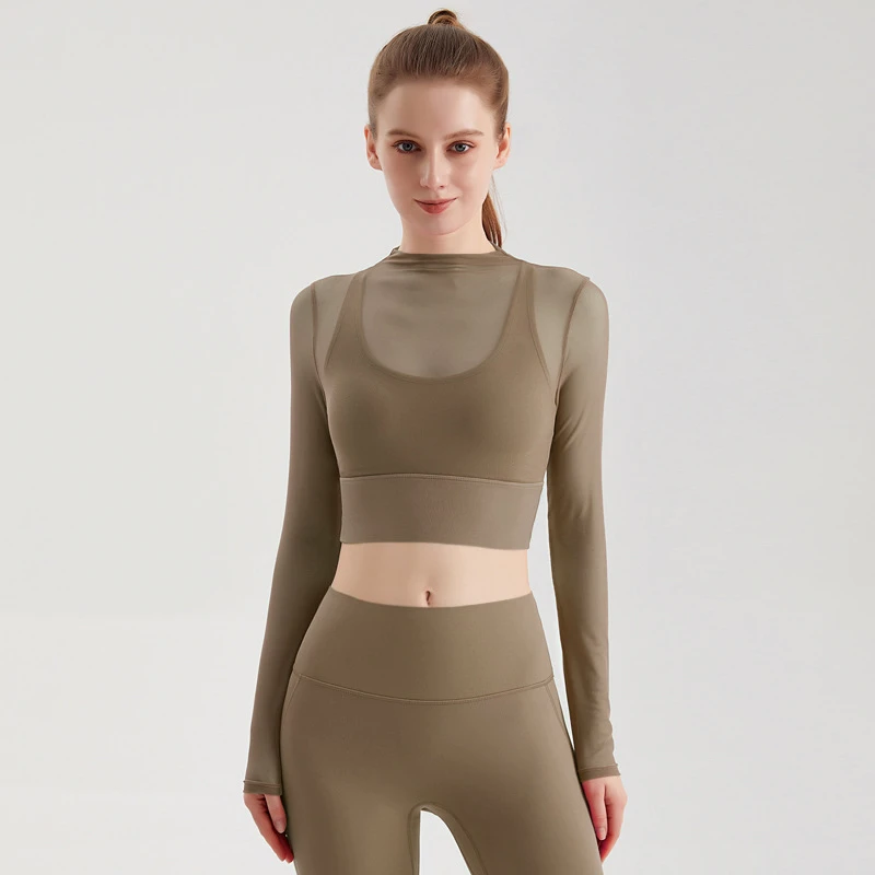 Manufacturer Sexy Mesh Breathable Skin-friendly 2 in 1 Long Sleeves Quick-drying Running Yoga Custom Logo Padded Crop Tops