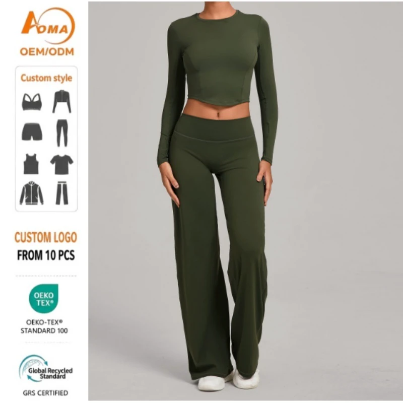 Aoyema Women Fitness Wear Casual Solid All-Match Nude-Feel Yoga Two-Piece Workout Set Quick-Drying Tight-Fit Womens Sports Set