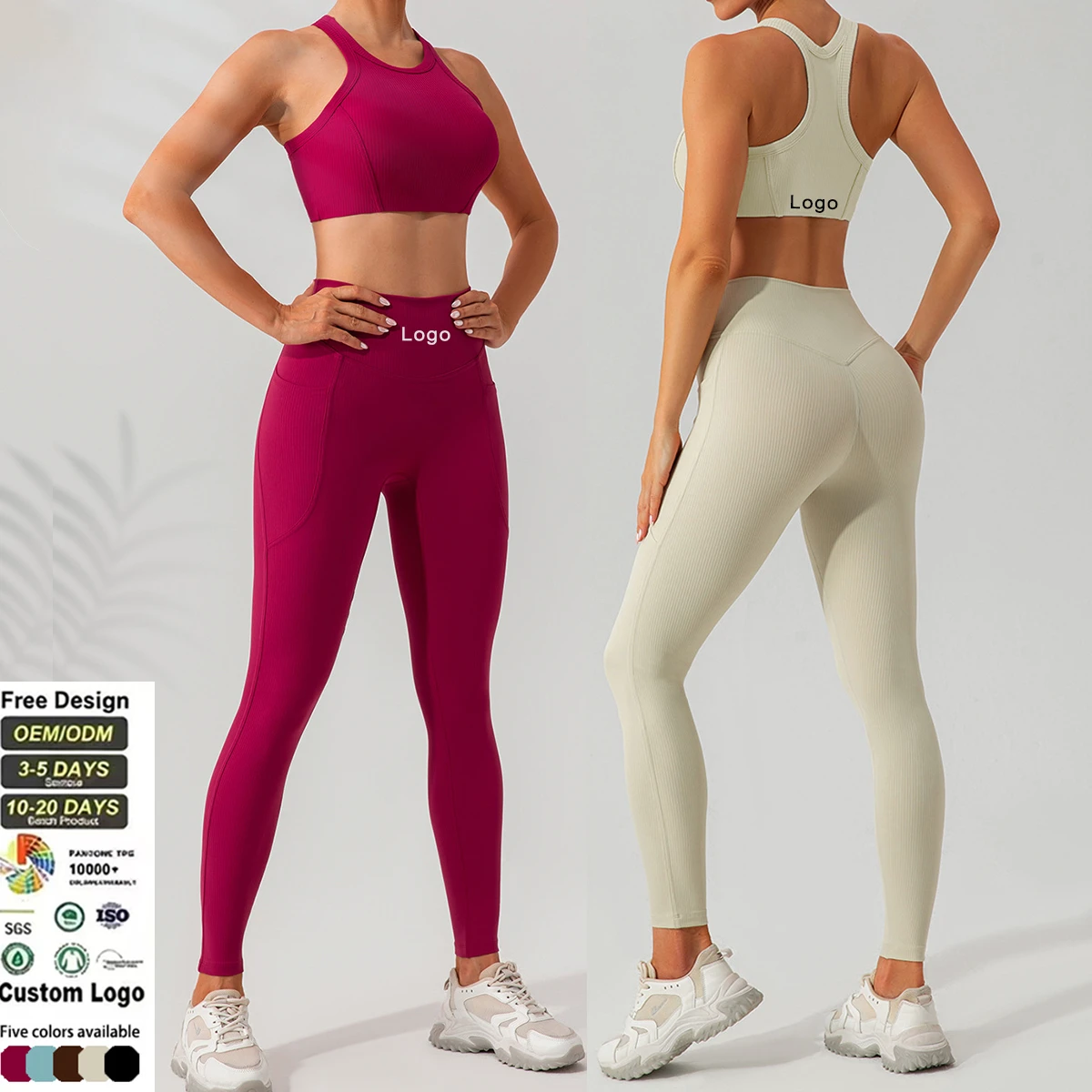 2024 Autumn European American Quick-Drying Ribbed Spandex/Nylon Yoga Suit 2-Piece Set Back-Slimming Hip-Lifting Sexy Tight-Fit