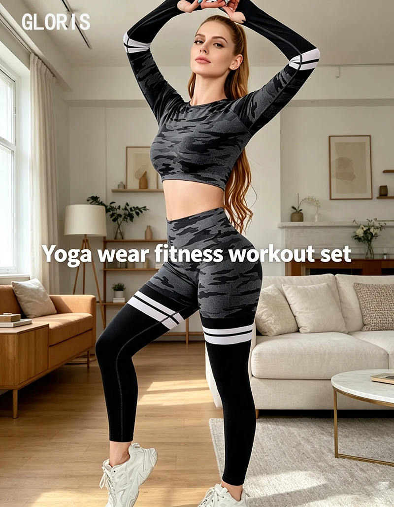 New Spring Autumn Yoga Fitness Suit 2-Piece Long Pants Long Sleeve Breathable Printed Sweat-Wicking High Elasticity Quick-Drying