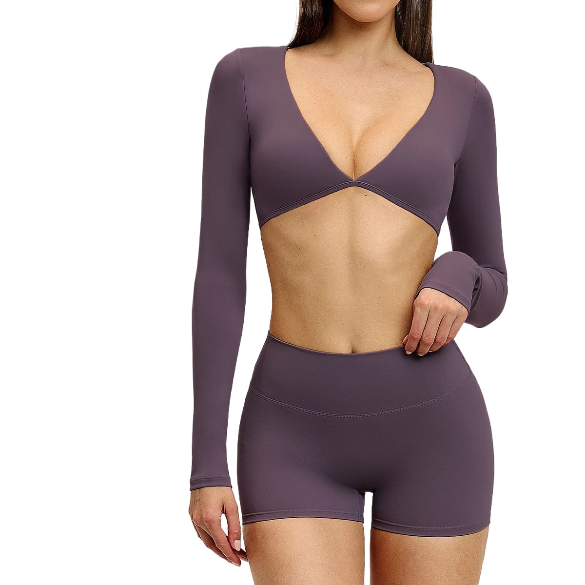 Casual Yoga Long Sleeve V Neck Moisture-Wicking Spandex/Nylon Fashion Cropped Sports Top Women Outdoor Fitness Running T-Shirt