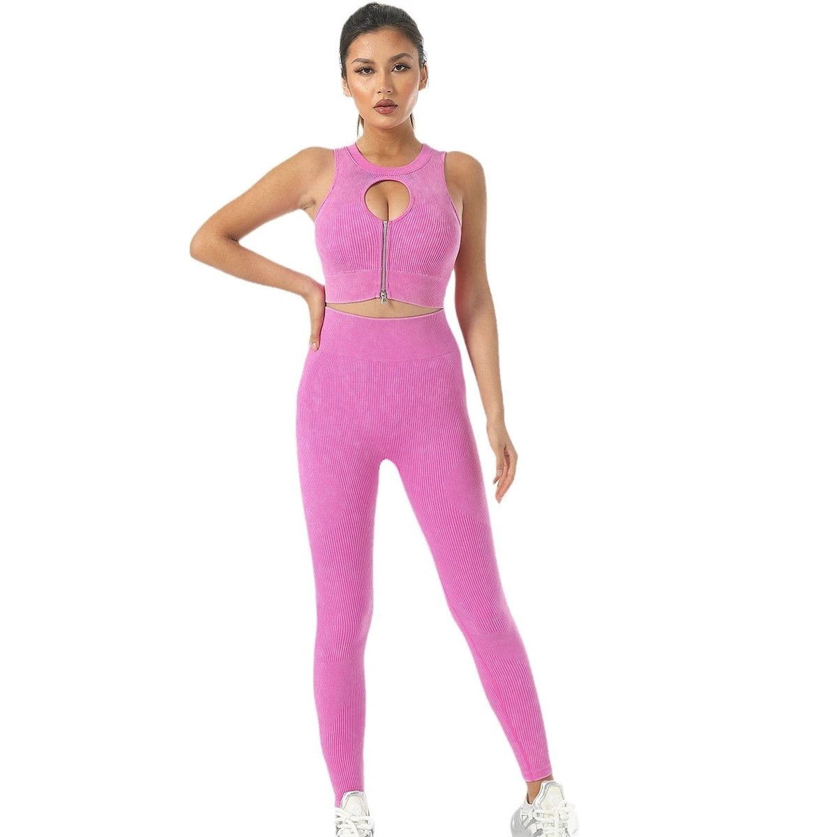European American Five-Piece Quick-Drying Sports Suit Solid Pattern Elastic Waist Yoga Wear Shock-Proof Fitness Bra Pants Sets
