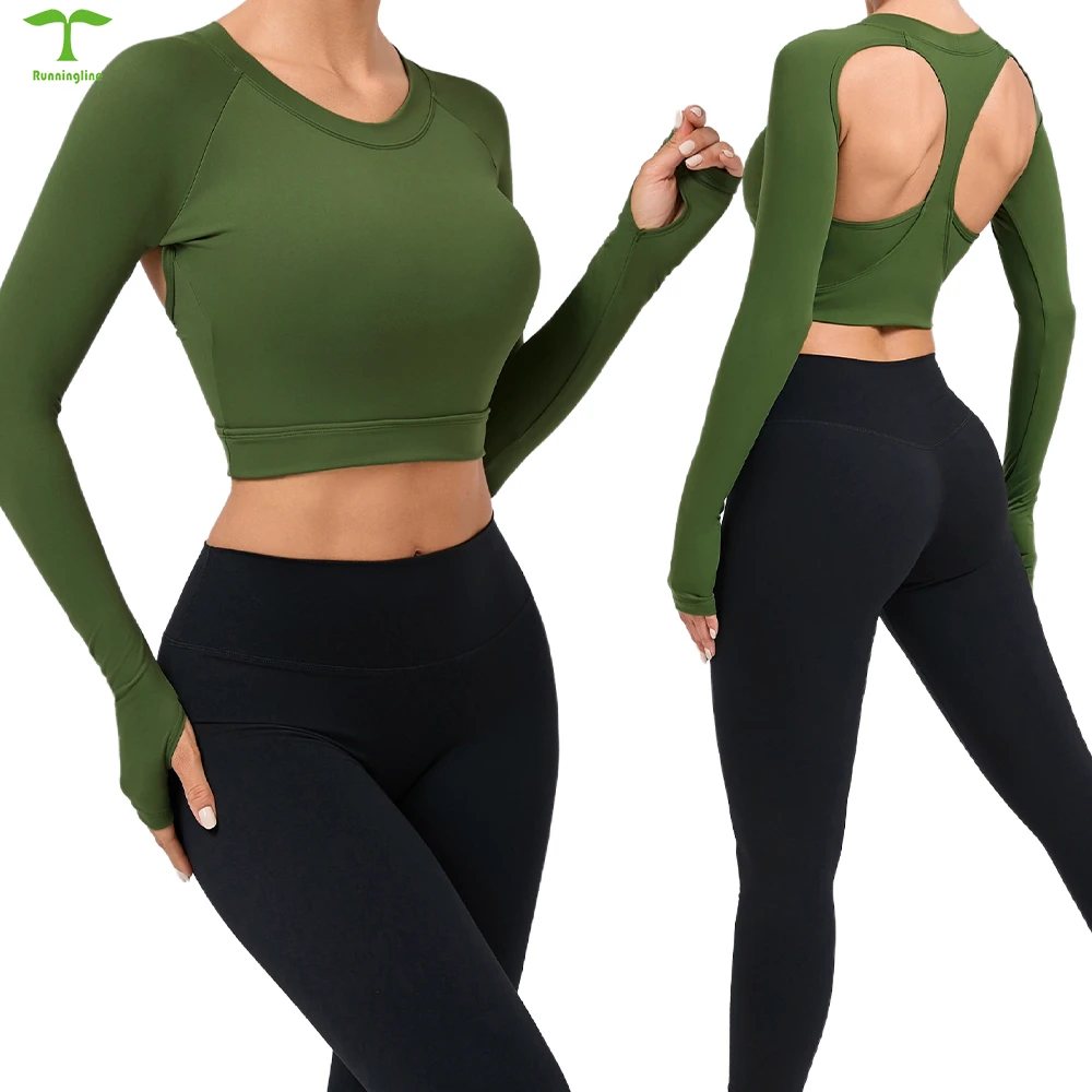 Custom logo Women Clothes Tight Breathable Yoga Long Sleeved Top Gym Fitness Yoga Top Backless T Shirt for Ladies