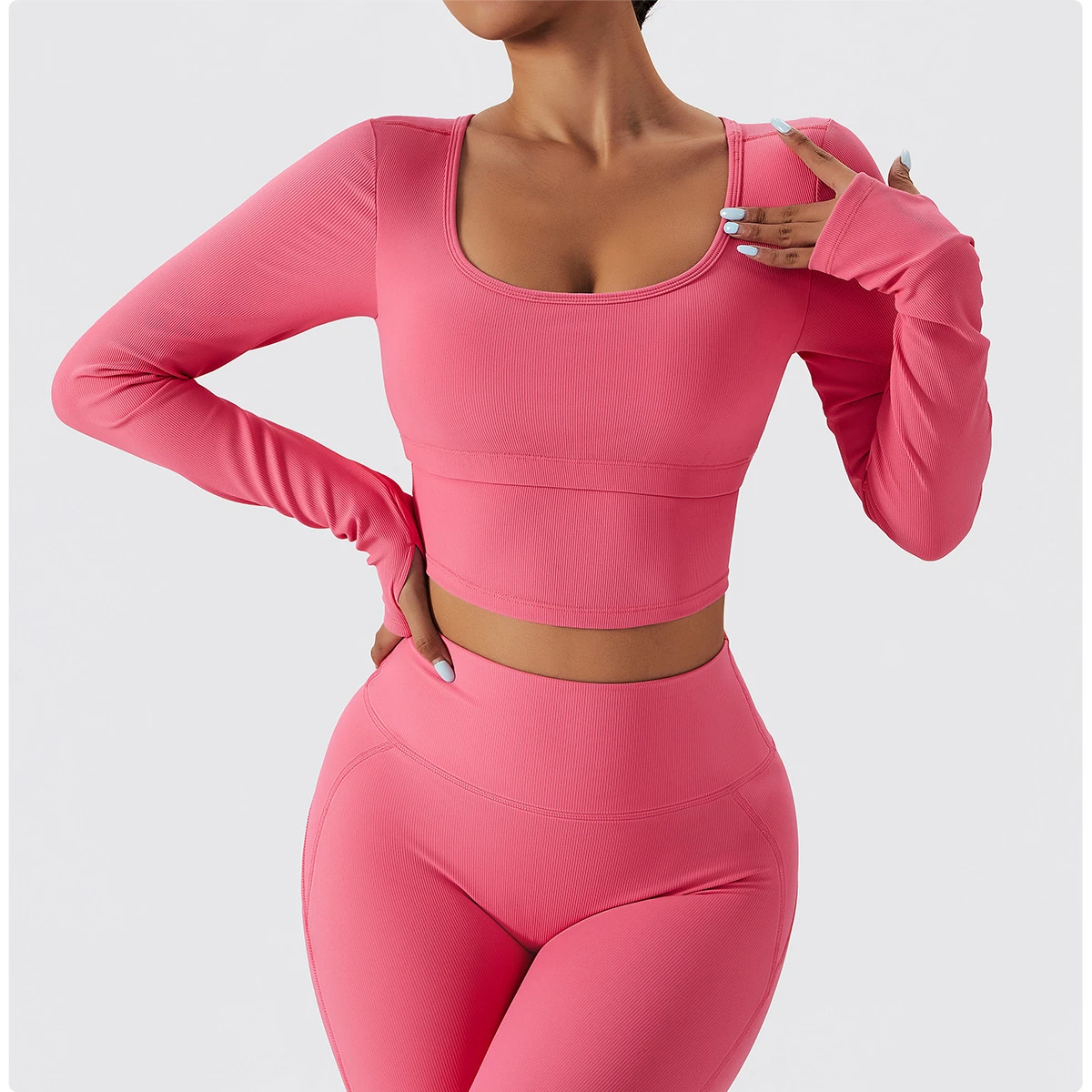 YHT 2022 Eco-Friendly Plus Size Winter Quick Dry Long-sleeved Low Neck Solid Sports Tops Leggings Yoga Sets Gym Clothing Women