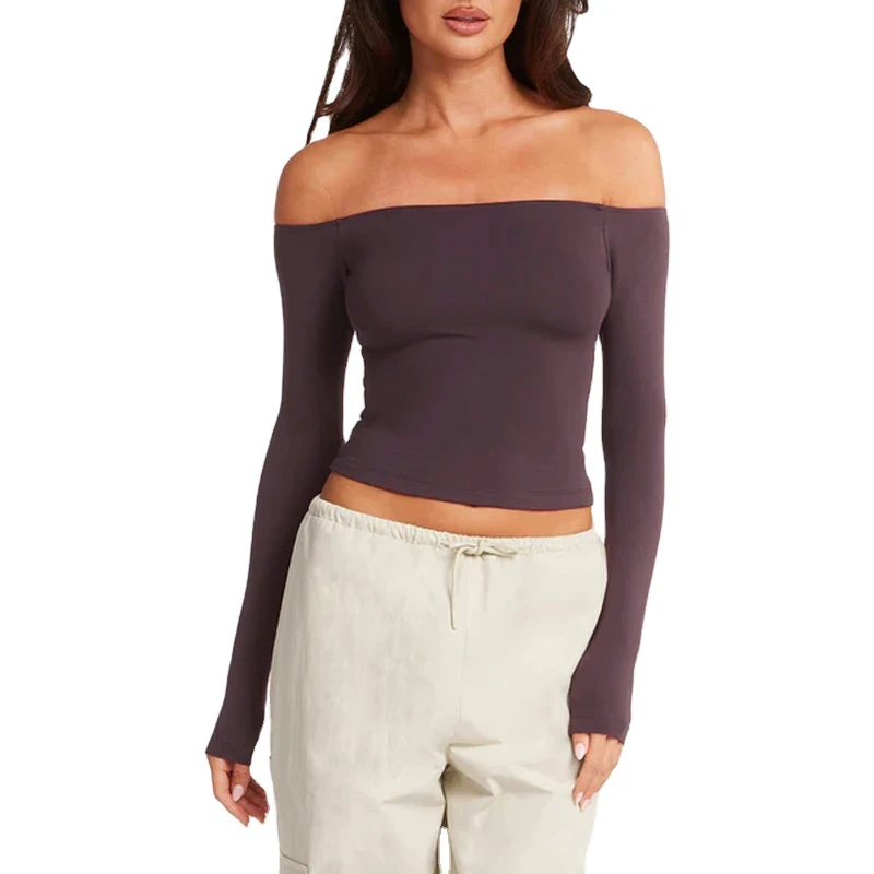 Women's Quick-Dry Stretchy Four-Way Breathable Solid Yoga Top Breathable Long Sleeve Sexy Off Shoulder Gym Tops