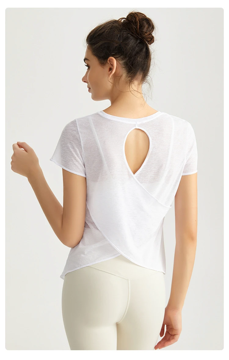 Weiman Women's New Neck Yoga Short-sleeved T-shirt Breathable Quick-drying 100% Polyester Cross Hollow Back Top Sports Fitness