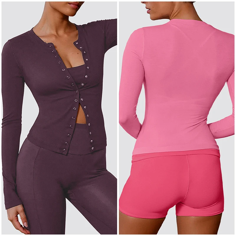 Sm2522 Long-sleeved Yoga Suit for Women Round Neck T-shirtsnap Button Design Cloth Pilates Running Fitness Tight Sports Top