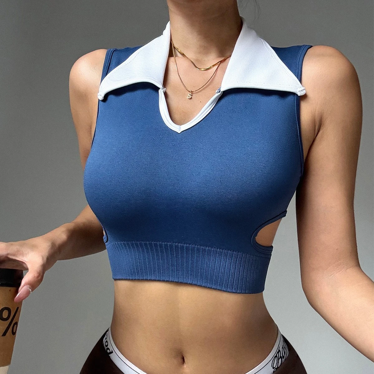 Women's Seamless Breathable Four-Way Stretch Yoga Top Quick Dry Contrast Color Polo Collar with Hollow Back Skinny Sportswear