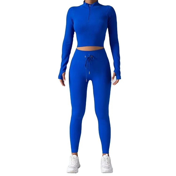 Women's High-Elastic Breathable Two-Piece Yoga Gear Solid Color Zipper Fitness Sports Suit Long-Sleeved Plus Size Lightweight