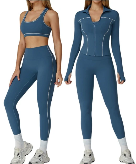 Women's Breathable Yoga Set Color-blocking Brushed Spandex/Nylon Zipper Slim-fit 2-Piece Fitness Wear Casual Running Sports