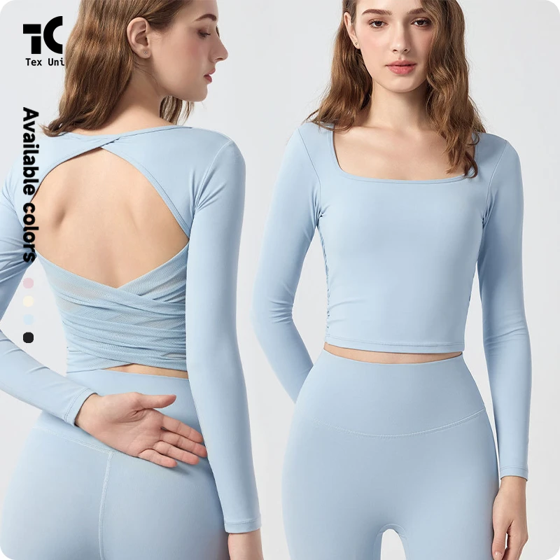 Overlapping Mesh Panel Square Neckline One Piece Built in Bra Pad Open Back Slim Fit Training Fitness Long Sleeve Yoga Top