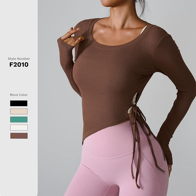 Custom New Tight Yoga Long Sleeve Side Tie Women's Fitness Clothing T-Shirt Slim Breathable Running Sports Tights for Women