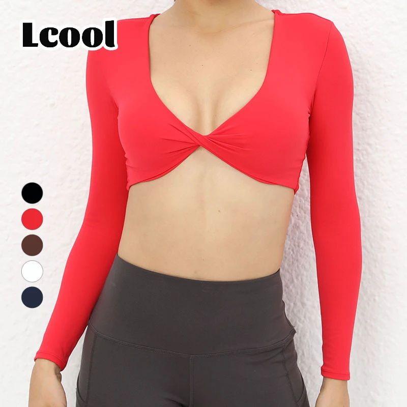 Lcool Custom Logo Athletic Cross Twist Front Workout Gym Sports Fitness Running Yoga Long Sleeve Activewear Crop Top for Womens