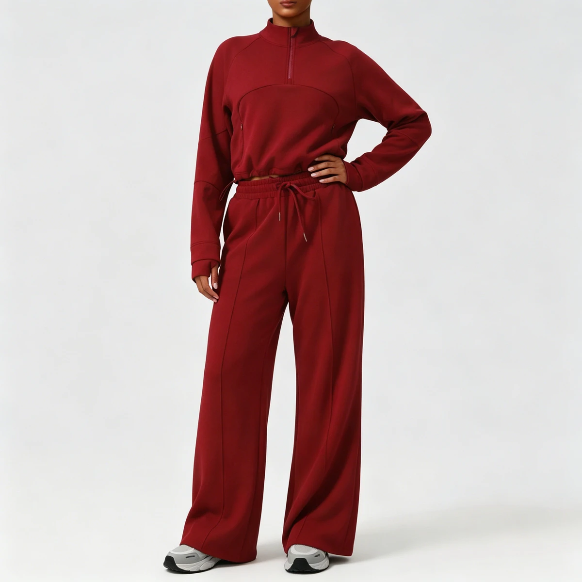 Women's Long Sleeve Sweatshirt & High Waist Loose Wide Leg Pants Yoga Fitness Sports Two-Piece Set