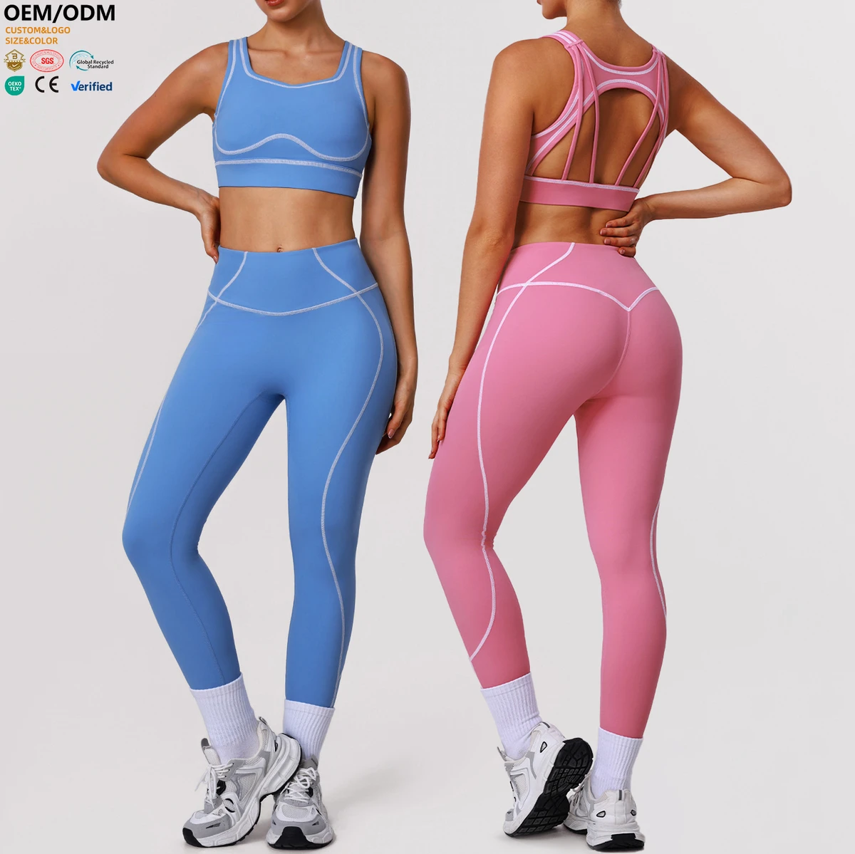 XW-SM2572-2 Breathable Quick Dry Fitness Gym Color Blocking Design High Waist Shaped Leggings Backless Bra Set Yoga