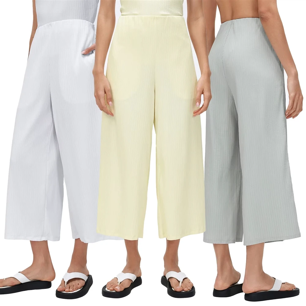Custom Athletic Wear Women's Loose Wide Leg Pants High Waist Casual Ribbed Straight Leg Seven-eighth Length Pants