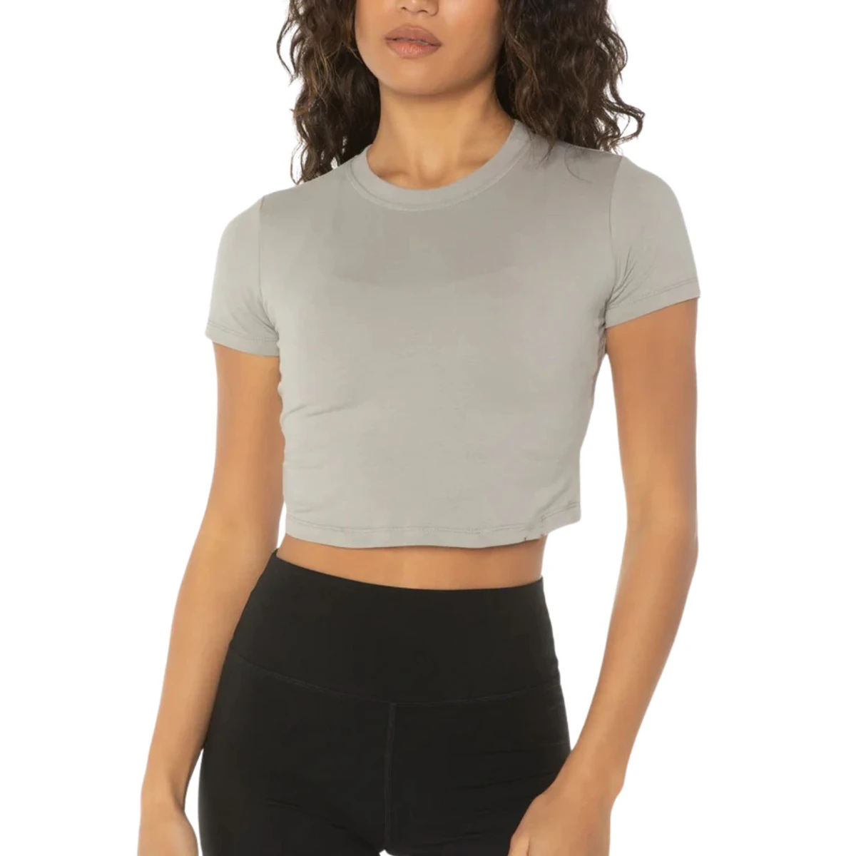 Wholesale Women Fitted Crop T Shirt Short Sleeve Crew Neck Stretch Casual Top Slim Fit Yoga Gym Fitness Activewear Tee