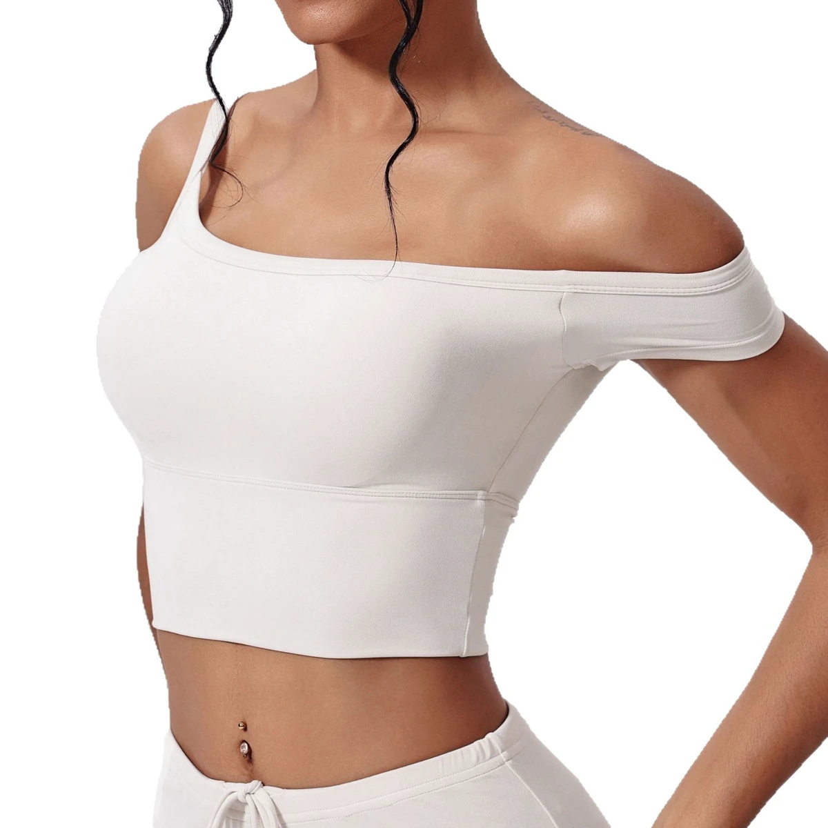 Custom Logo Women's Asymmetric Off Shoulder Sports Bra, Cooling Antibacterial Padded Yoga Crop Top For Gym & Daily Wear