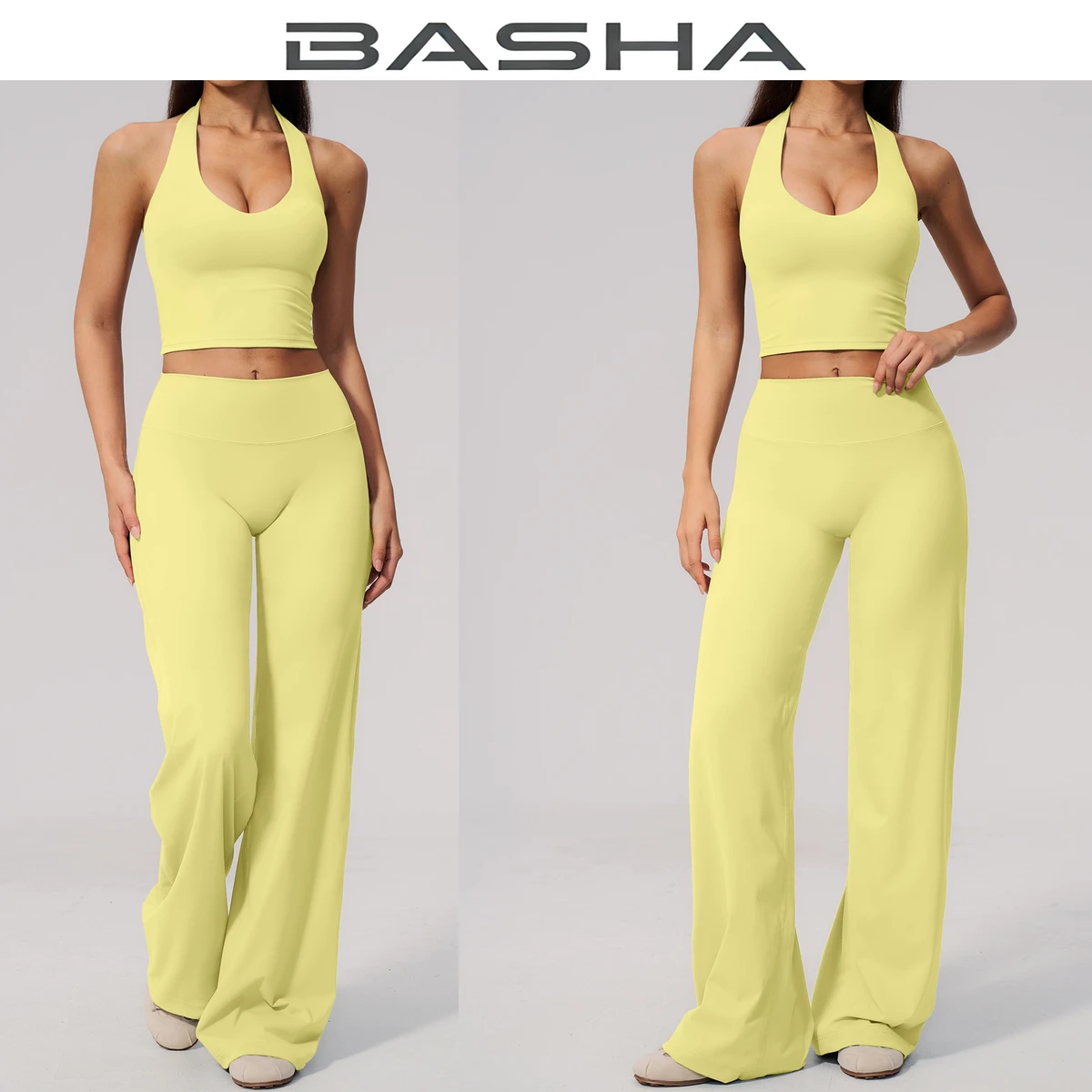 Women's Yoga Set Two Piece Outfits High Waisted Wide Leg Pants Halter Crop Top Sportswear Matching Fitness Gym Suits