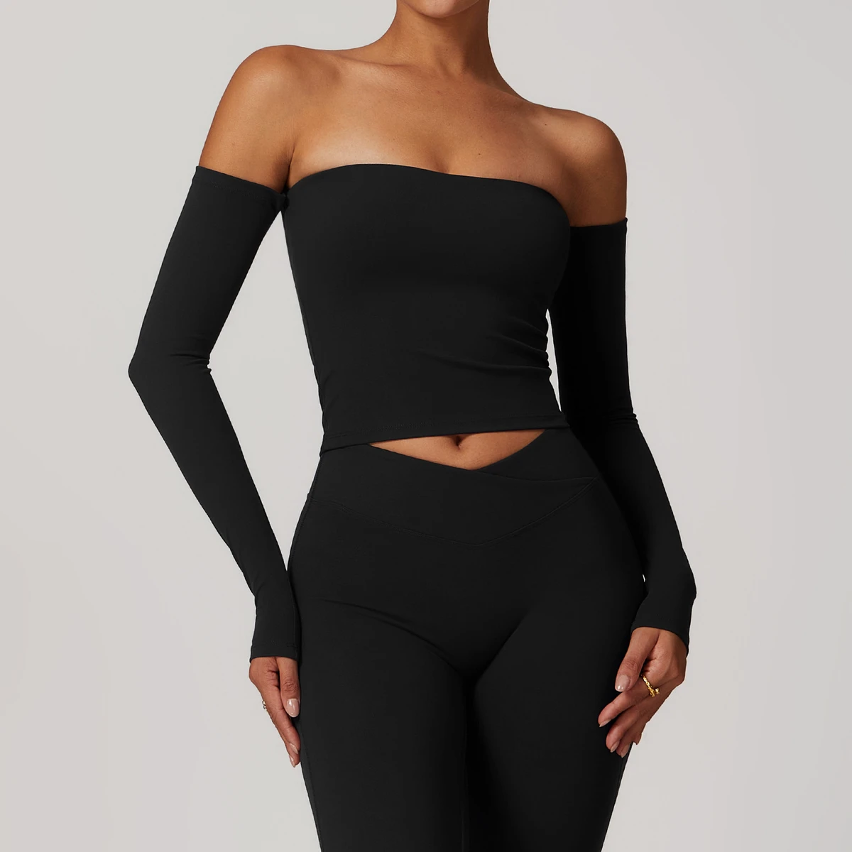 Women's Sexy Off the Shoulder Sports Workout Tops Long Sleeve Slim Fit Stretchy Shirts Yoga Bra Crop Tank Top