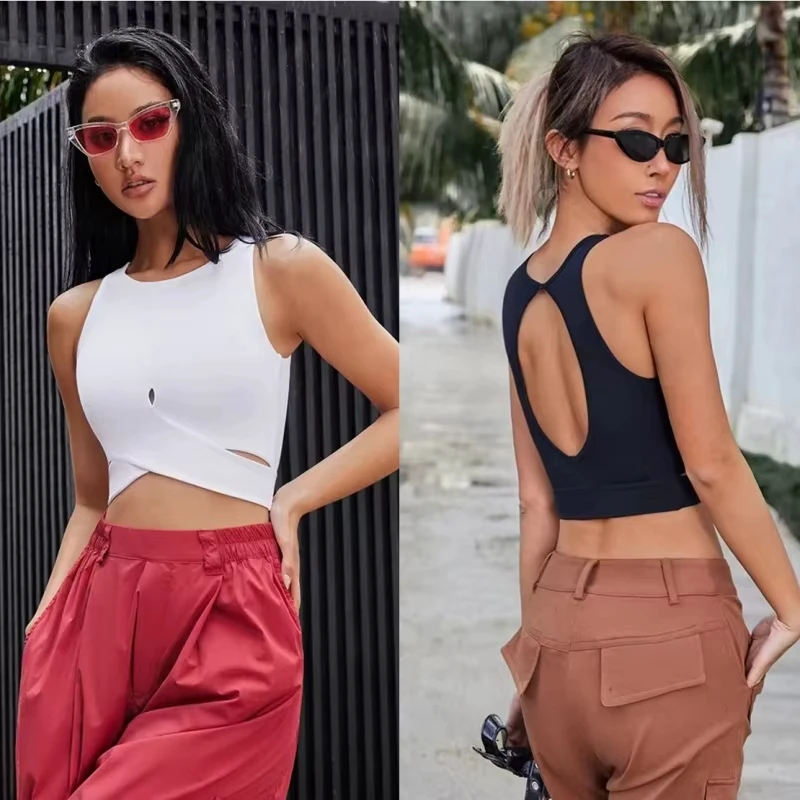 Back Hole Front Cross Lower Hem Wrapped Sports Tank Top Girls Padded Yoga Bras Fitness Gym Vest Tops