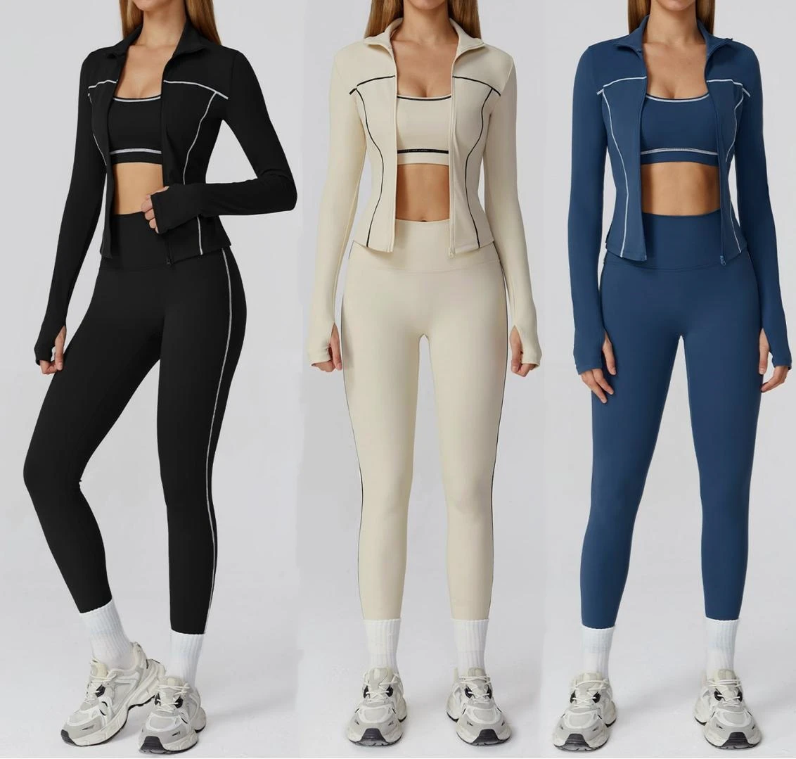 Ladies Contrast Color Workout Active Wear Set Full-Zip Jacket & Padded Sport Bra & Leggings 3 Pieces Fitness Yoga Wear Suit