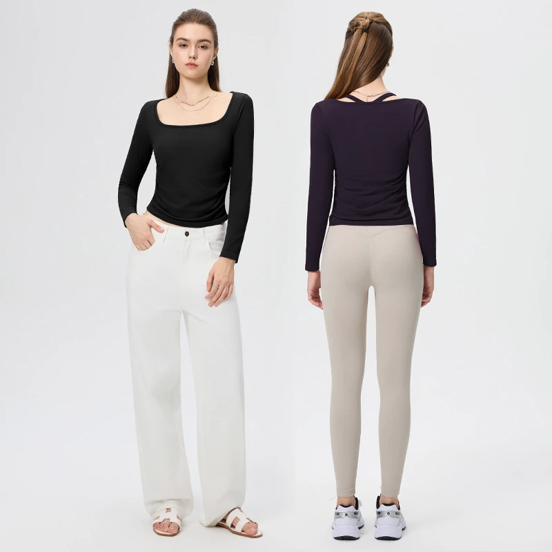 Sports Long-Sleeved Wide-Neck Breathable Spandex/Nylon Women's Slim-Fit Yoga Top Fitness Autumn Winter