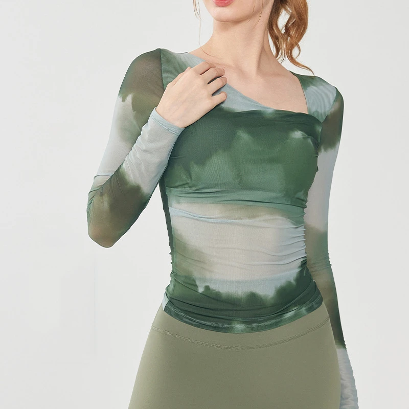 Wholesale Fitness Yoga Long Sleeve Quick Dry Workout Shirts Female Tie Dye Mesh Sports Shirts