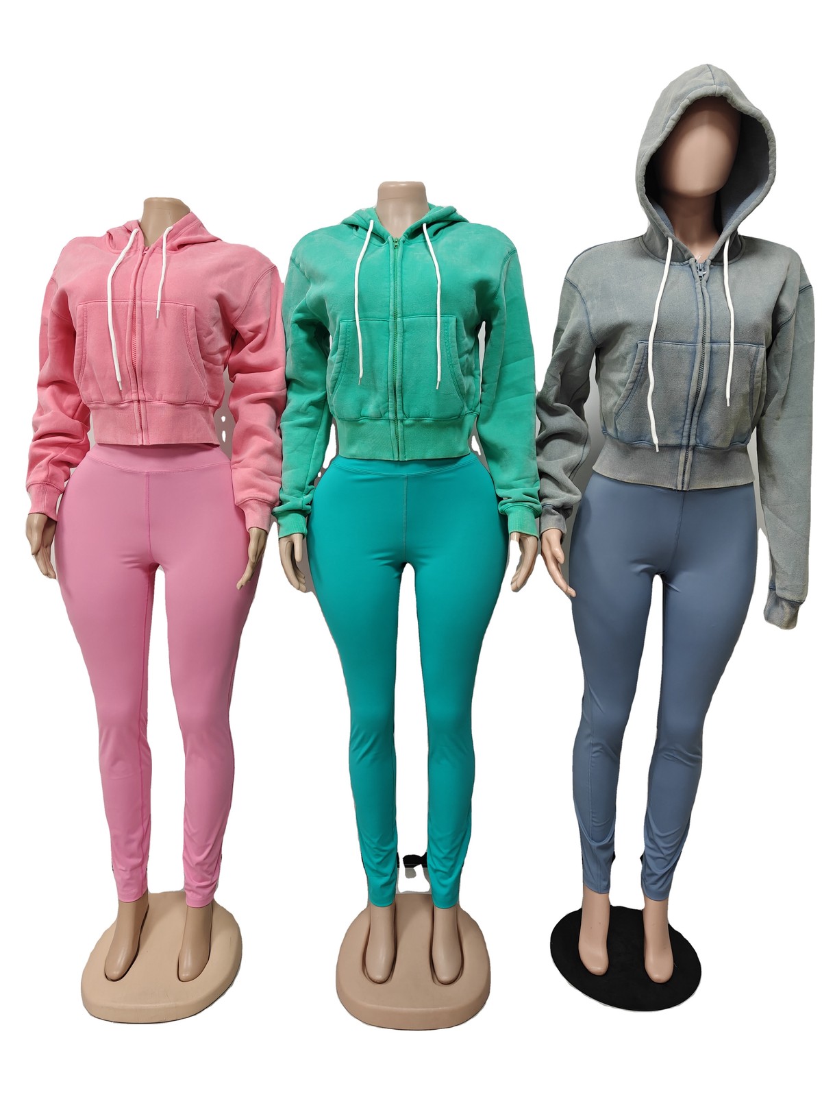 Casual Fashion Women Wash Retro Stretch Zipper Solid Hooded Sweatshirt Two-piece High Waist Slim Skinny Yoga Pant Suits