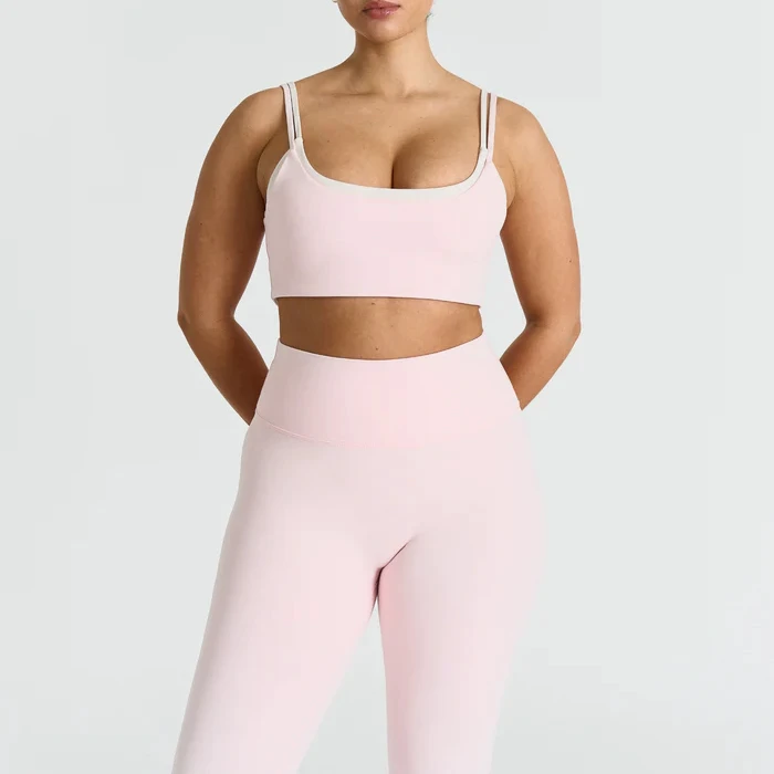 Newest Custom Women Square Neck Double Layers Contrast Sports Bras Buttery Soft Thin Spaghetti Straps Sculpted Tennis Top