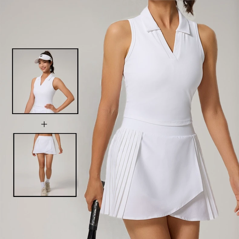 Antibacterial Women's Tennis Set Sleeveless Polo Top With Removable Pads and Pleated Skort With Inner Shorts Pockets