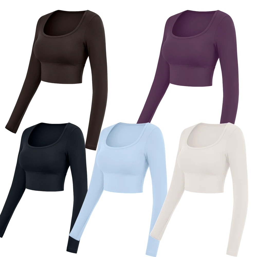 Women's New U Neck Sports Gym Running Workout Fitness Long Sleeves Crop Top Shirts Fixed Pad Quick-drying Yoga Clothes Everyday