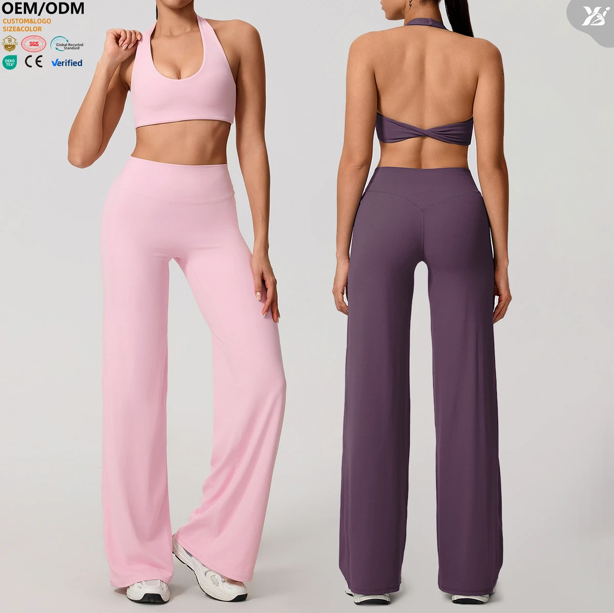 XW-TZ801 Halter Neck Bra Gym Clothing Custom Sports Loose Pilates Apparel Women Fitness Workout Outfit 2 Piece Yoga Wear Set