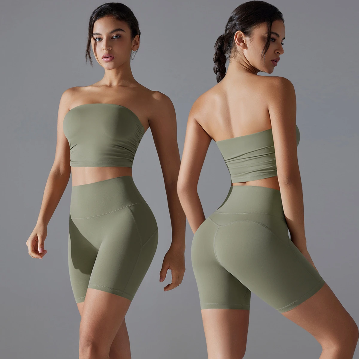 Women's High Waist Quick-Drying Breathable Yoga Running Fitness Two-Piece Set Nude Tube Top & Shorts Spandex/Nylon