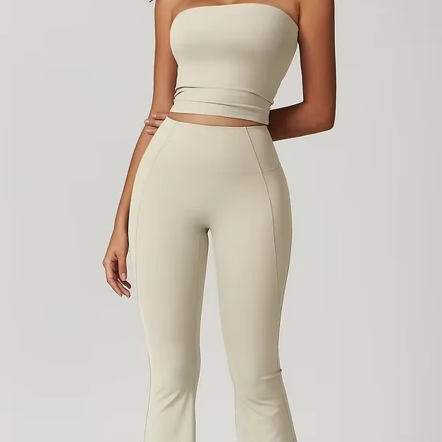 Custom Logo Strapless Top High Elastic Slim Fit Flared Leggings Women Two Piece Yoga Set Manufacturer Wholesale Activewear