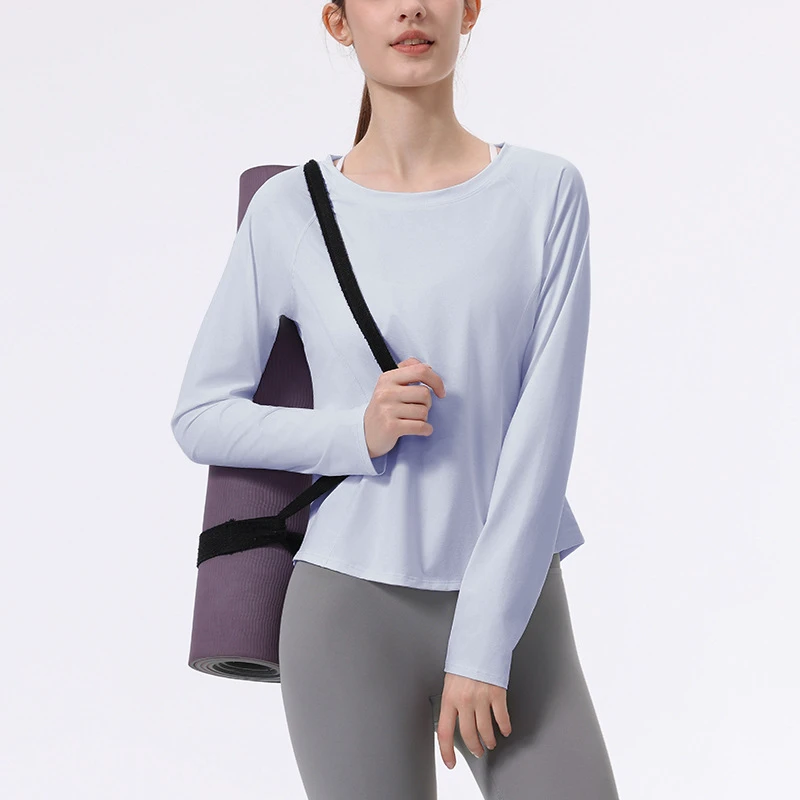 New Breathable Spandex/Nylon Professional Four-Needle Six-Line Solid Sports Top Women's Long-Sleeved Crew Neck Running Yoga