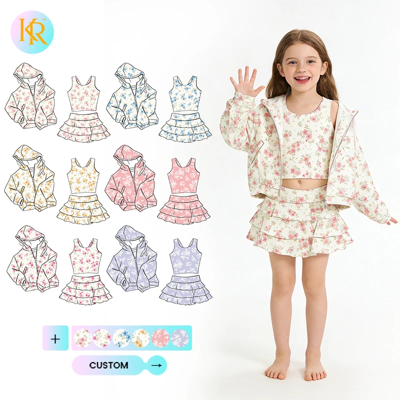 Kerui Girls Sports Preorder Custom Sports Kids Toddler Yoga Athletic 3pcs Hooded Zip Tops with Skirt Baby Outfits Upf 50+ Sets