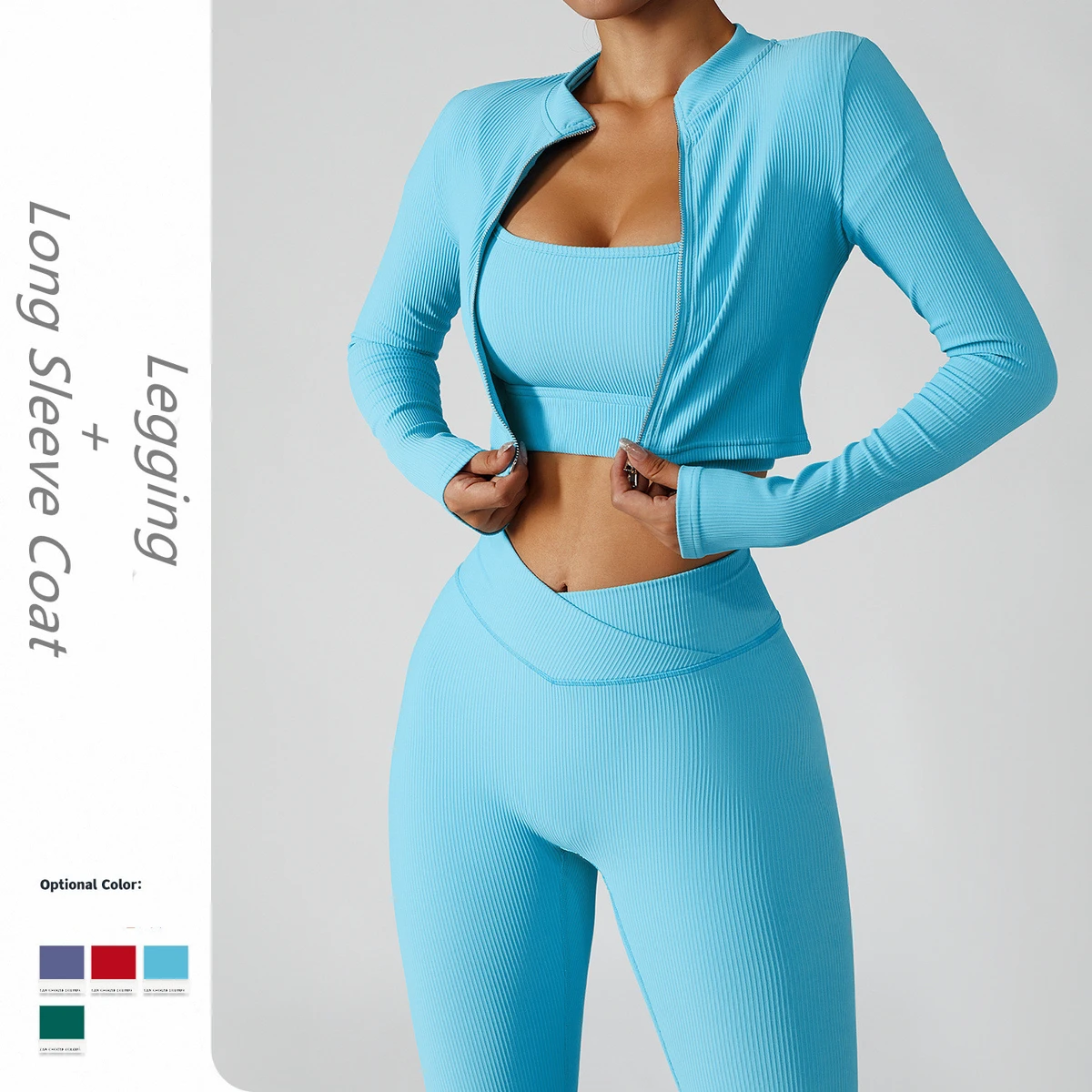 Women's Hot Summer Breathable Lightweight Ribbed Double Zipper Long Sleeve Coat Running Sports Top Quick Dry Yoga Leggings Sets