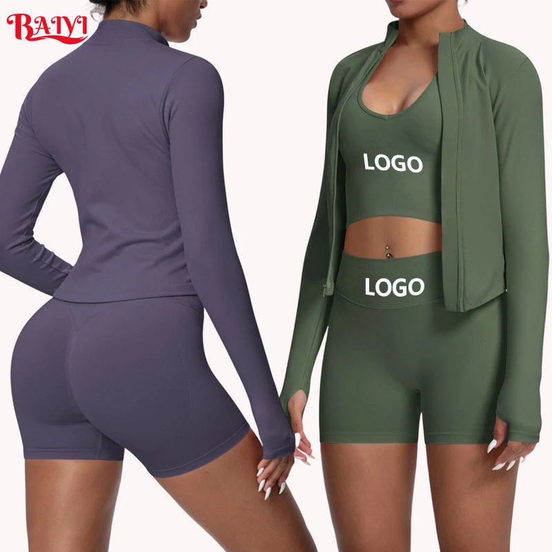 Custom Logo Yoga Sets for Woman Spandex/Nylon 3 Pieces Set Sports Bra Zipper Jacket and Shorts Gym Biker Fitness Workout Sets