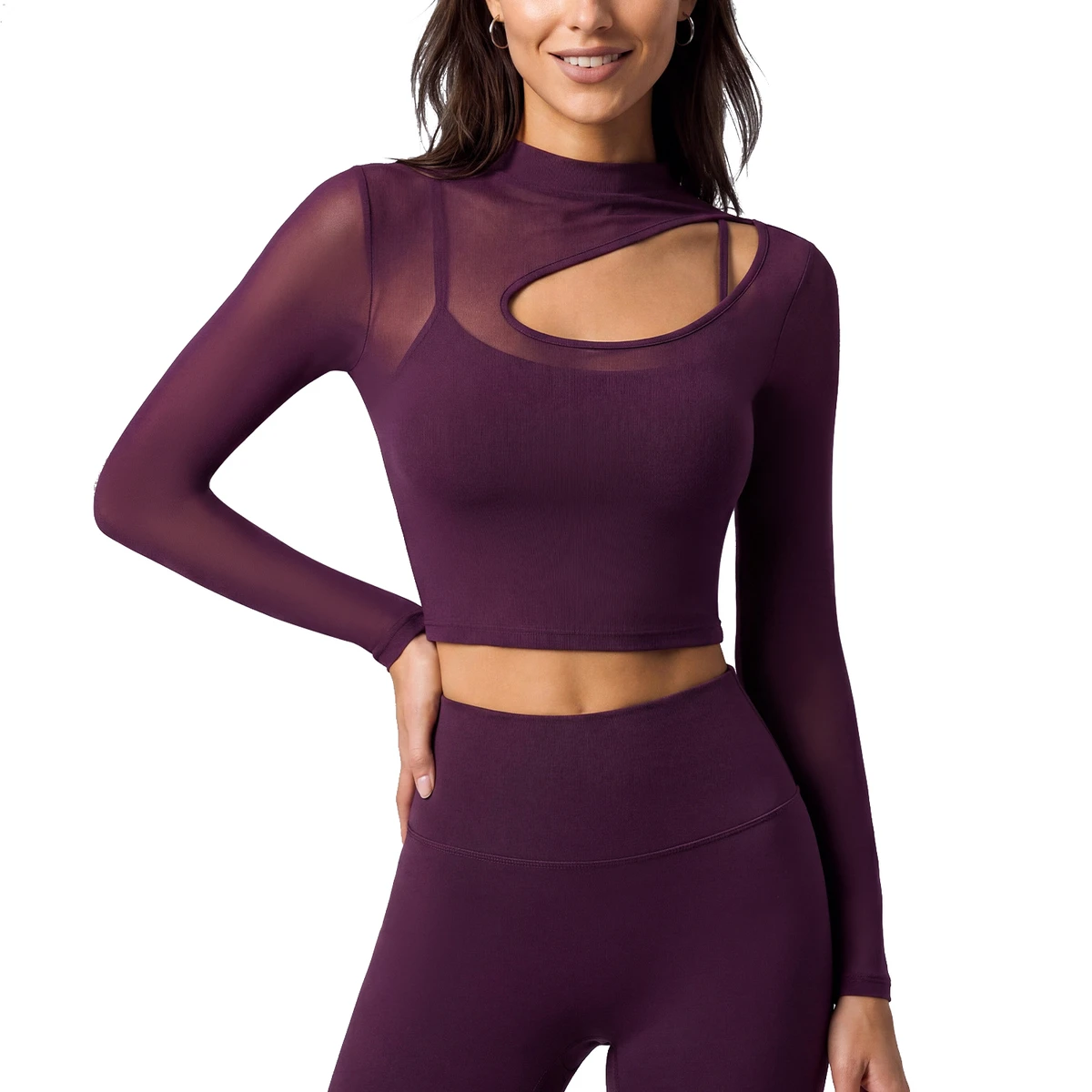 Long Sleeve Lightweight Crop Yoga Top with Built-in Bra High Neck Breathable Four-Way Stretch Skinny Fit for Pilates & Fitness