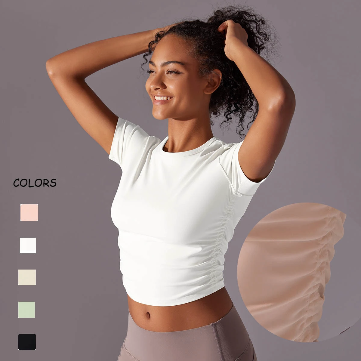 Women Fold Lower Back Yoga T Shirt Lady Casual Round Neck Running Gym Crop Top Female Gather Sports T Shirts