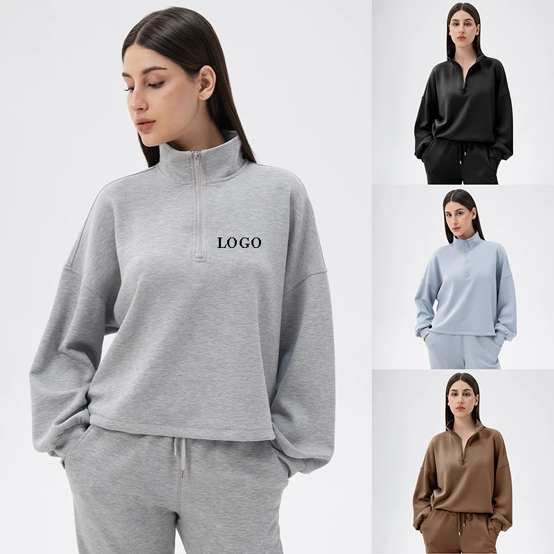 Custom logo Winter Yoga Top for Women Soft Modal Workout Half Zip Stand Collar Loose Sports Activewear