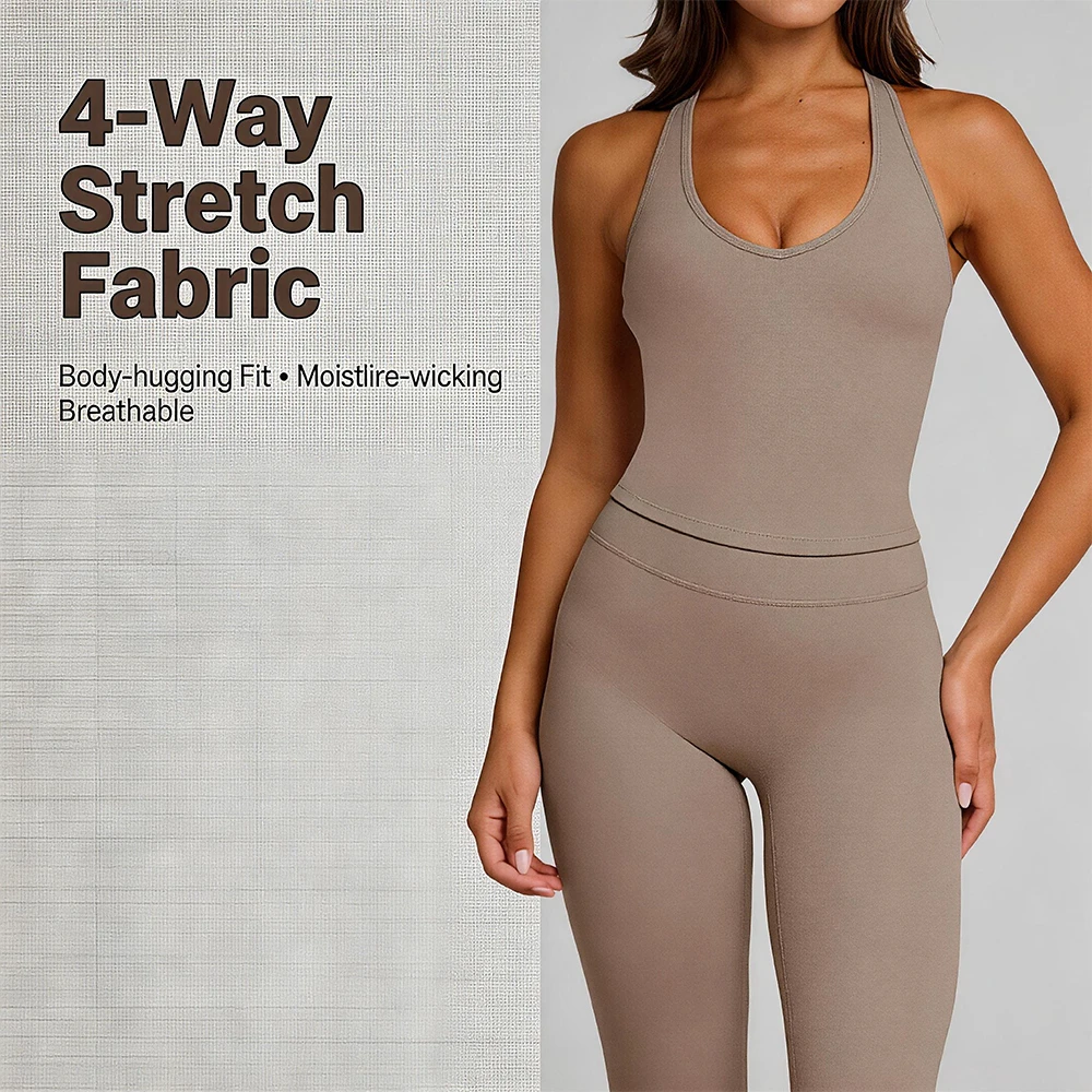 Custom Logo Women Slim Halter V-Neck Yoga Tank Top Set, Lightweight Breathable, Removable Thick Pad, Soft Stretch Nylon Fabric