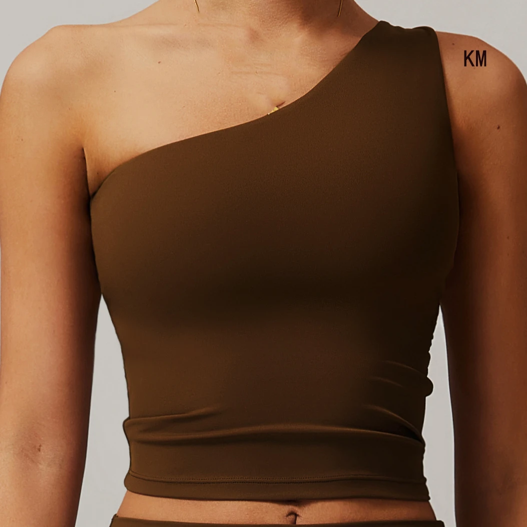 KM Wholesale Women's Gym Activewear Solid Color Removable Pad Tops Custom One Shoulder Sleeveless Tank Yoga Workout Top New