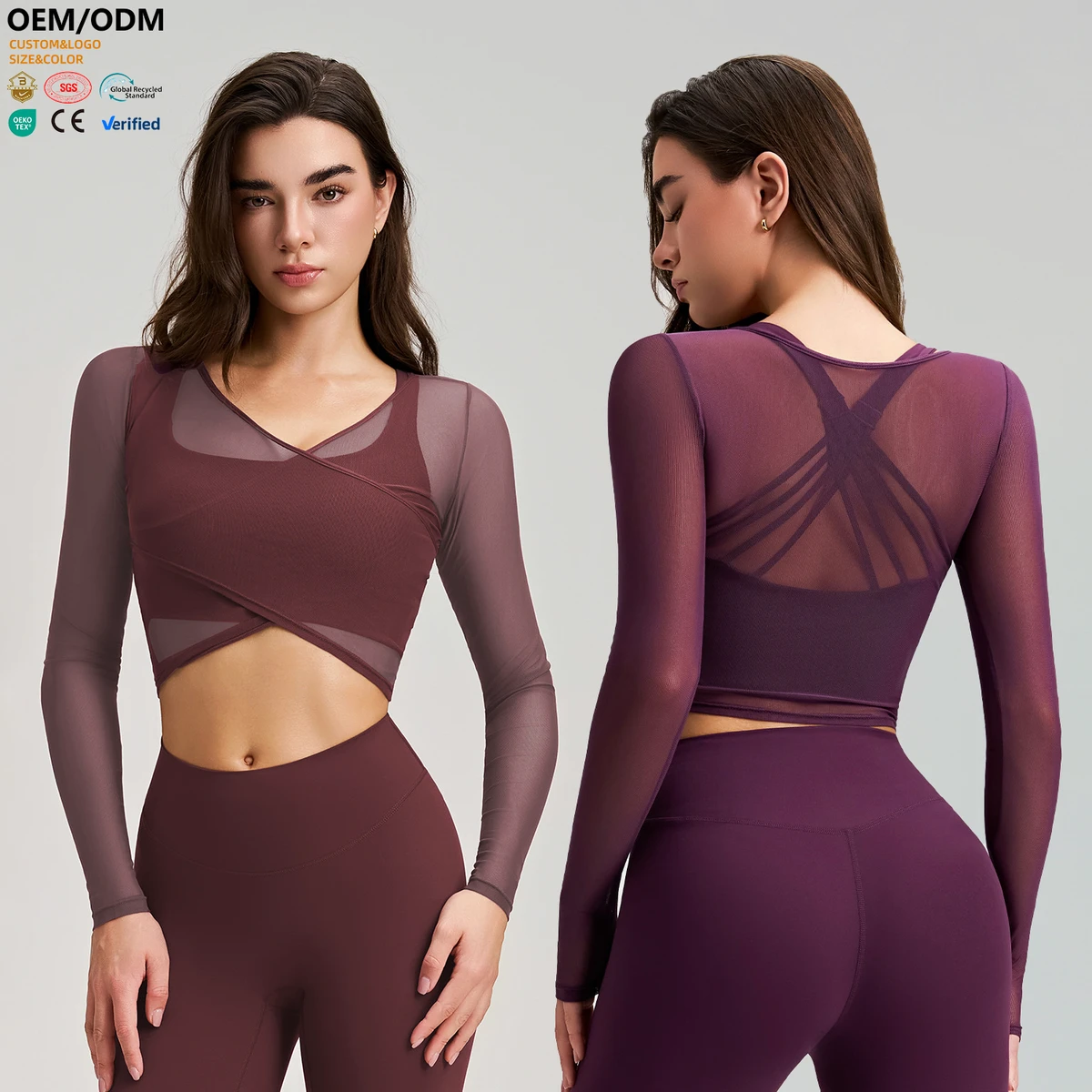 XW-E6-017 Yoga Top Fitness Sport Lightweight Crop Workout Blouse Tight Women's Fitness Gym Clothing Long Sleeve Mesh Top