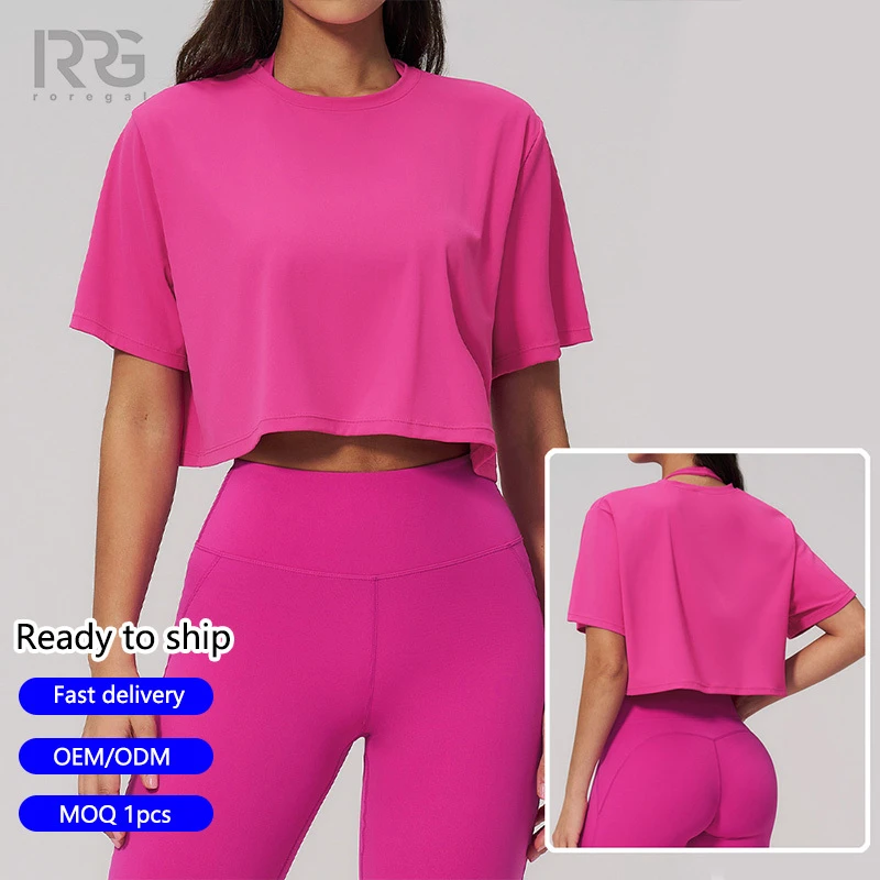 Roregal Casual Gym Short Sleeve Yoga Top Women Loose Fit Round Neck Cropped Yoga T-Shirt
