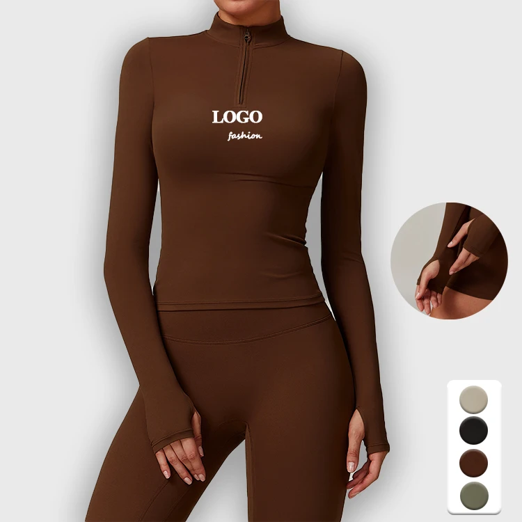 Women's Slim Fit Elegant Long Sleeve T-Shirt Custom Logo High Collar Solid Half Zipper Autumn Yoga Top Spandex Material Printed