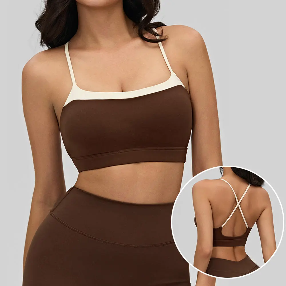 Women's Four-Way Stretch Color Block Square Neck Removable Pads Yoga Crop Tops Yoga Bra Blocking Cross Strap Running Sport Bra